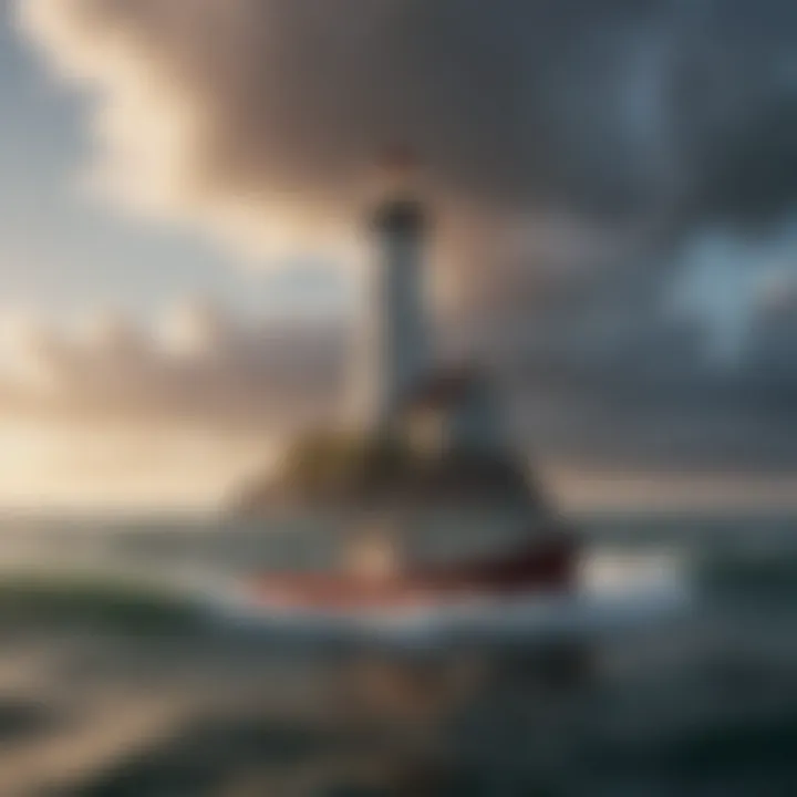 Financial stability symbolized by a lighthouse guiding a boat