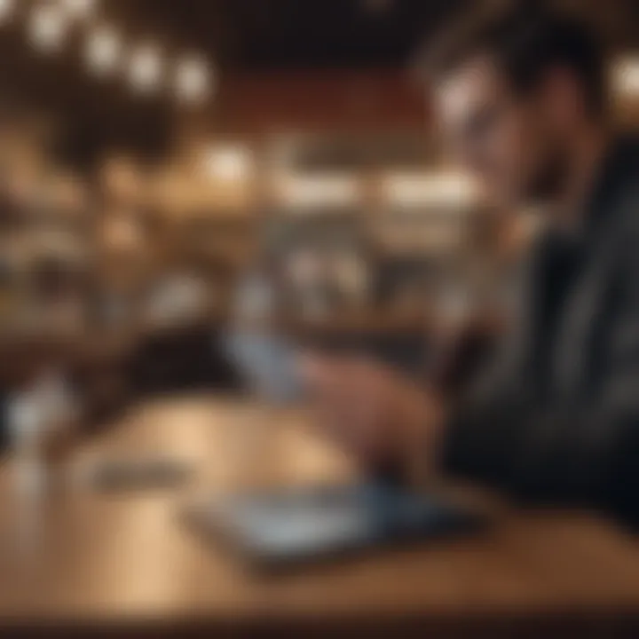 A person analyzing credit card options on a tablet in a coffee shop