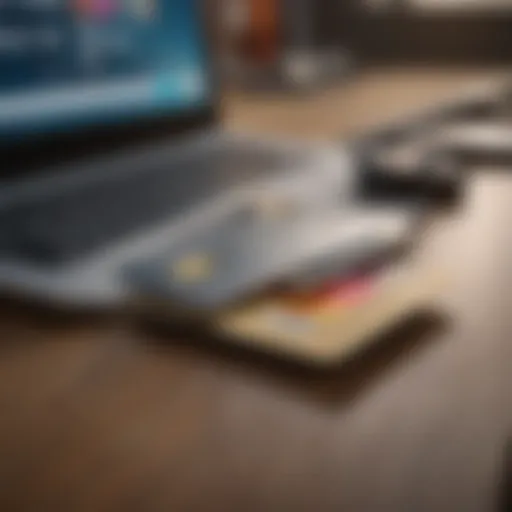 A close-up view of a credit card on a desk with a laptop in the background