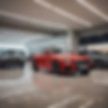 Luxurious interior of a car showroom displaying high-end vehicles