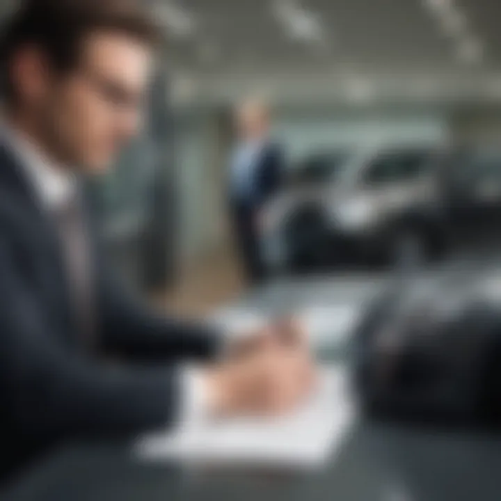 Person signing paperwork for a vehicle purchase with confidence