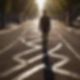 Silhouette of a person standing at a crossroads with multiple paths