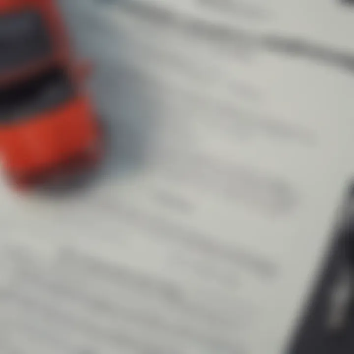 A close-up of a car insurance policy document with key terms highlighted.