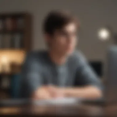 A student contemplating financial options at a desk with books and a laptop.