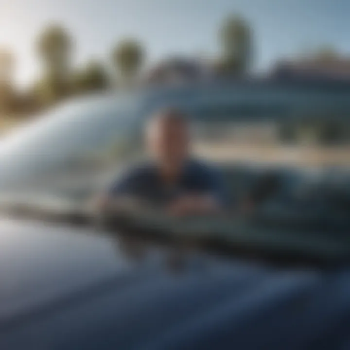 Visual of a professional assessing windshield damage