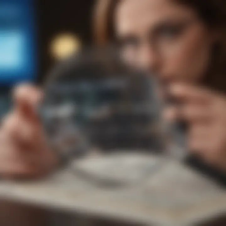 Person reviewing financial statements under a magnifying glass