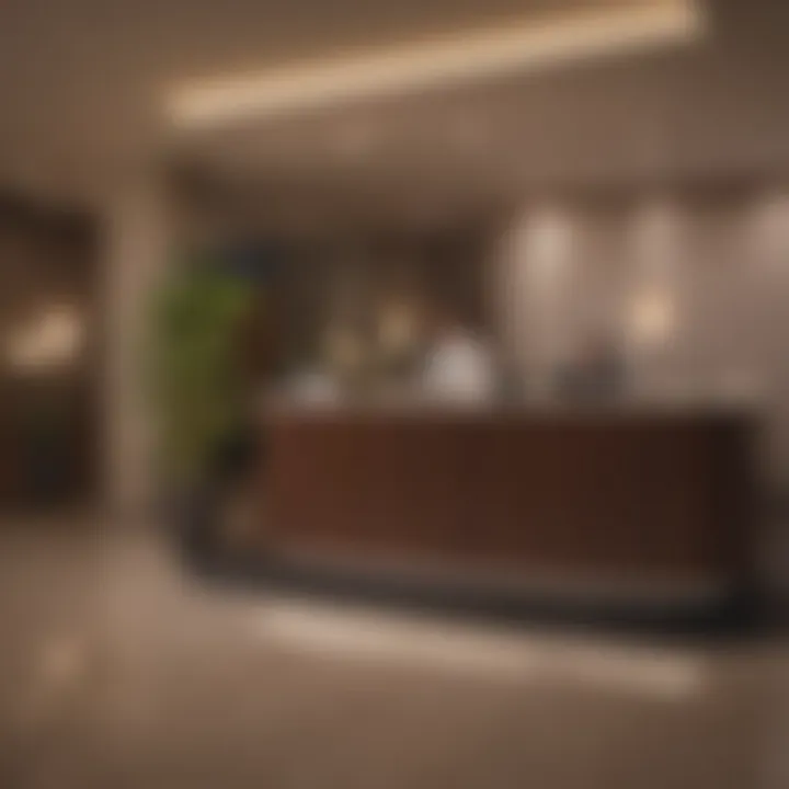 Hotel reception desk with friendly staff assisting a guest