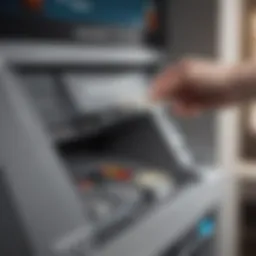 A close-up of a credit card being inserted into an ATM for cash withdrawal.