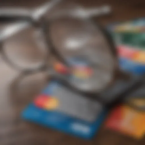 Elevated view of credit cards with a magnifying glass focusing on reward points