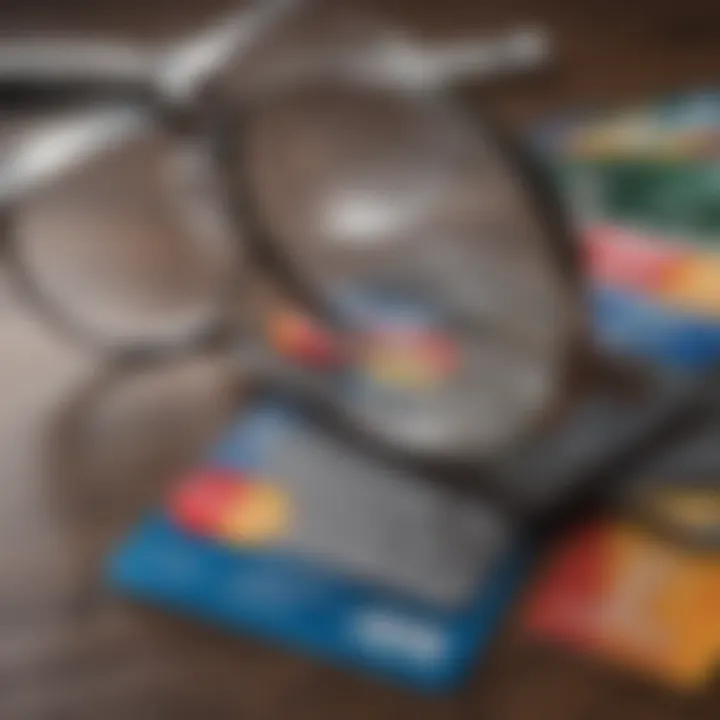 Elevated view of credit cards with a magnifying glass focusing on reward points