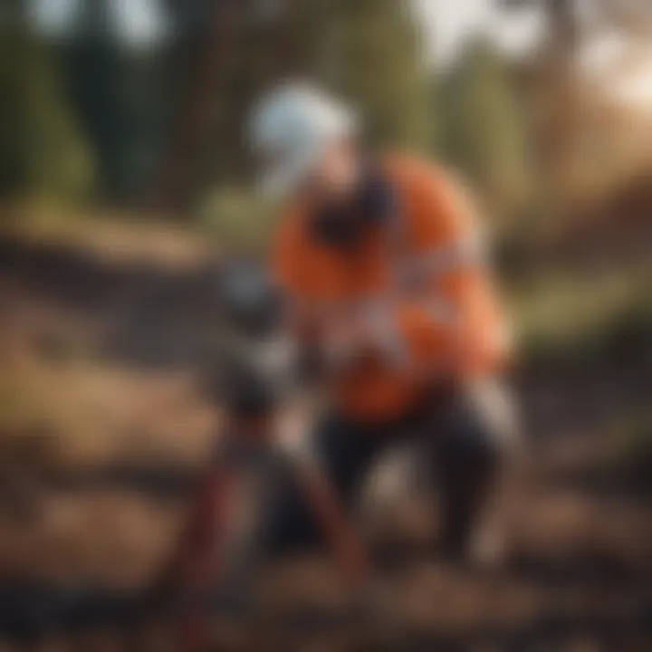 Surveyor using specialized equipment in field