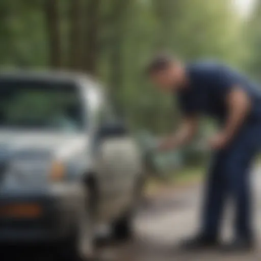 Damaged vehicle being inspected by an adjuster