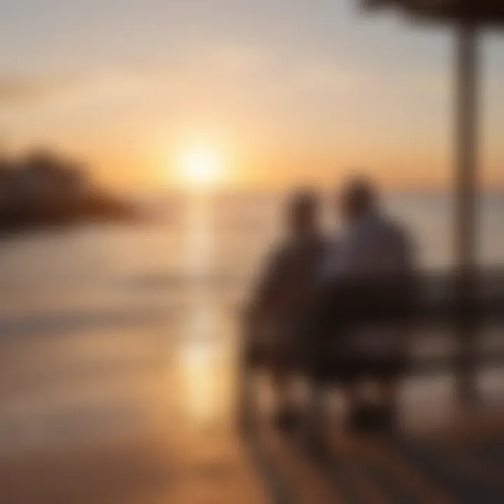 Elderly couple enjoying a serene sunset in coastal town