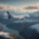 A scenic view of Alaska Airlines airplane in flight over majestic mountains.