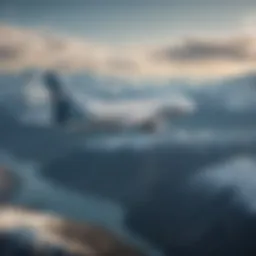A scenic view of Alaska Airlines airplane in flight over majestic mountains.