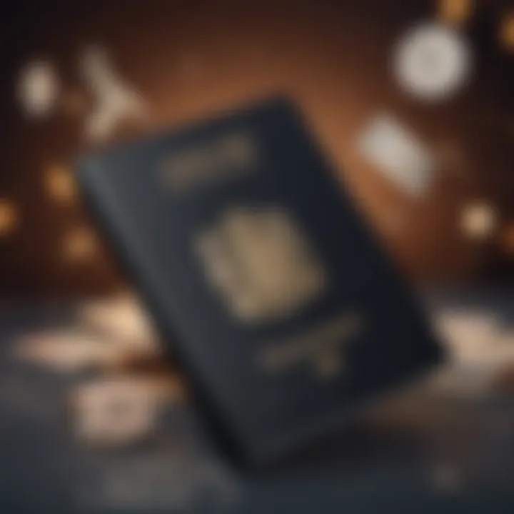 Illustration depicting a passport opening with travel stamps and miles flying out